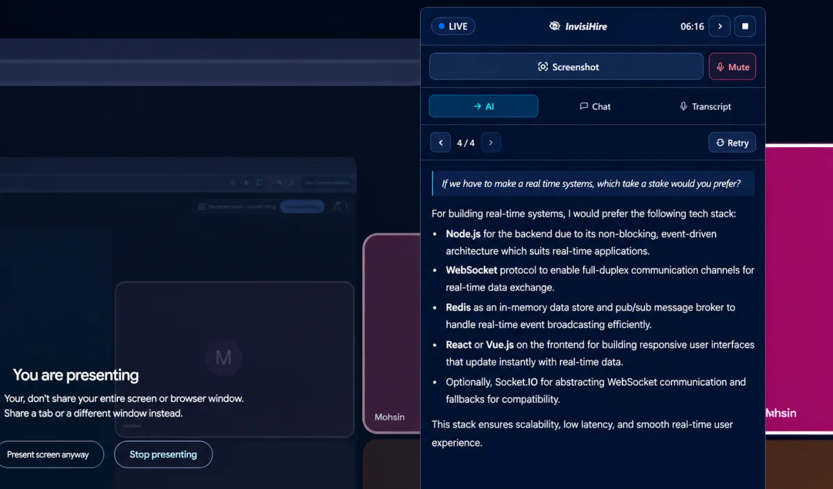 InvisiHire displaying an answer alongside a Google Meet call