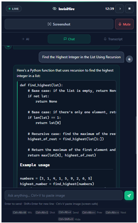 Desktop overlay — Chat tab with question and AI reply