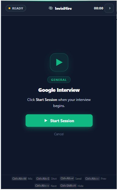 Desktop overlay — ready state with Start Session button