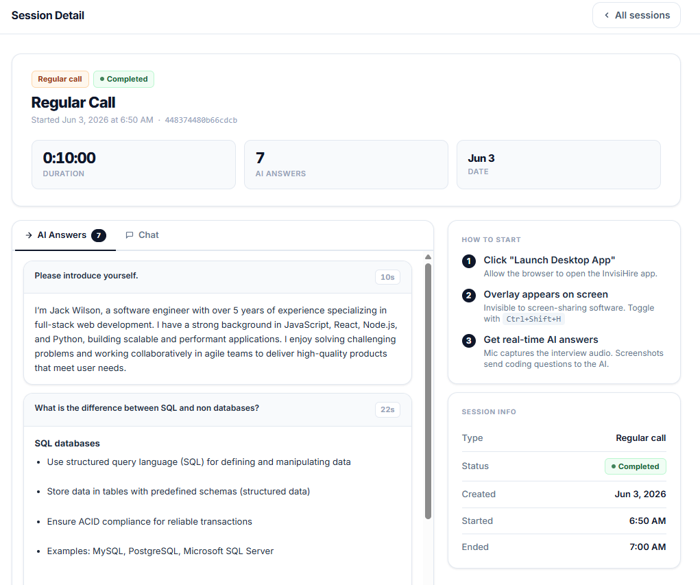 Web app — session detail with Q&A pairs and duration