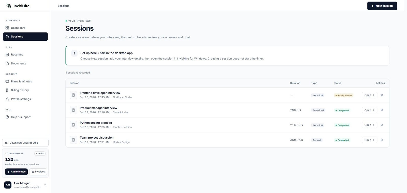 InvisiHire Sessions page with example interview records.
