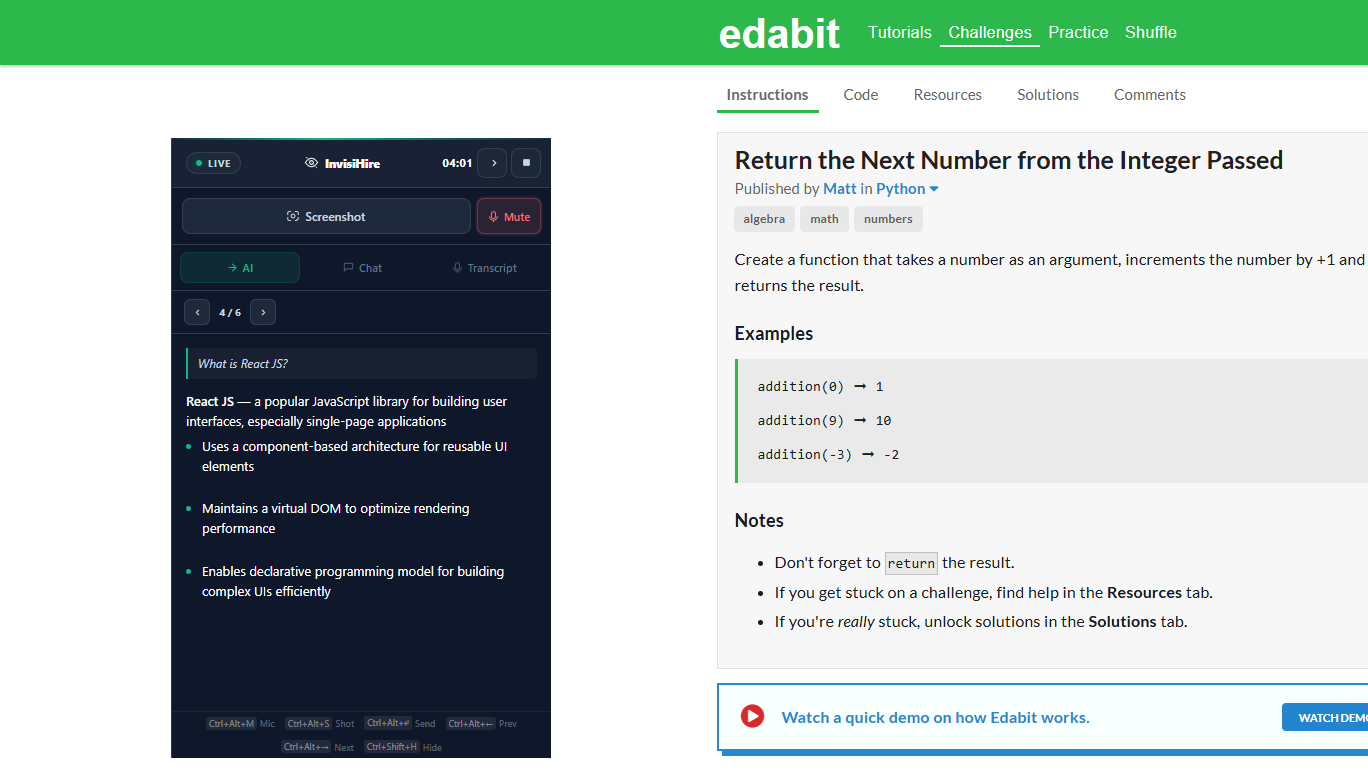 InvisiHire AI tab answering What is React JS in real time